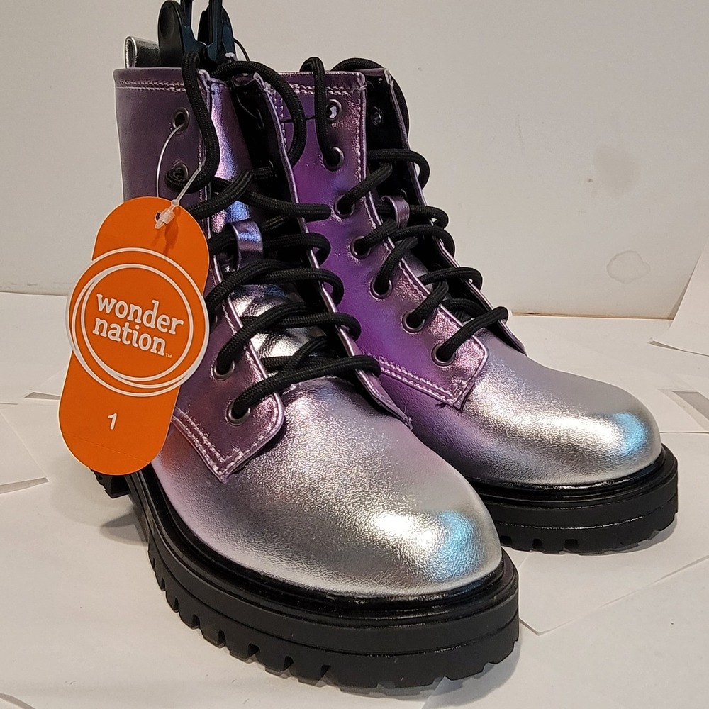 Wonder Nation Girls' Combat Boots Iridescent Purple Silver Metallic Size 2 Shoes